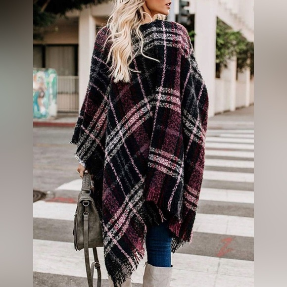 New Women Plaid Poncho Sweater Cardigan Knitted Tassel Opne Front Shawl Cape - Picture 6 of 9
